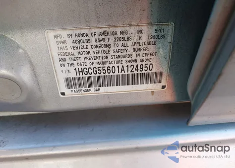 2001 Honda Accord 2.3 Ex из США, поврежденный, VIN 1HGCG55601A124950